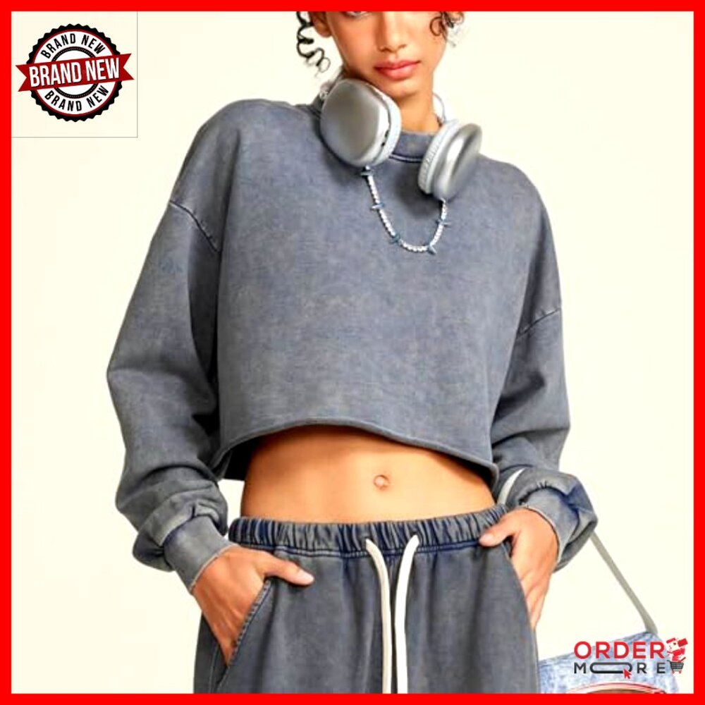 Vintage Cropped Pullover Sweatshirt Long Sleeve Acid Wash Hoodie - Picture 5 of 7